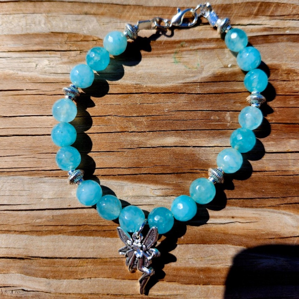 Aquamarine Beaded Bracelet with Silver Fairy Charm